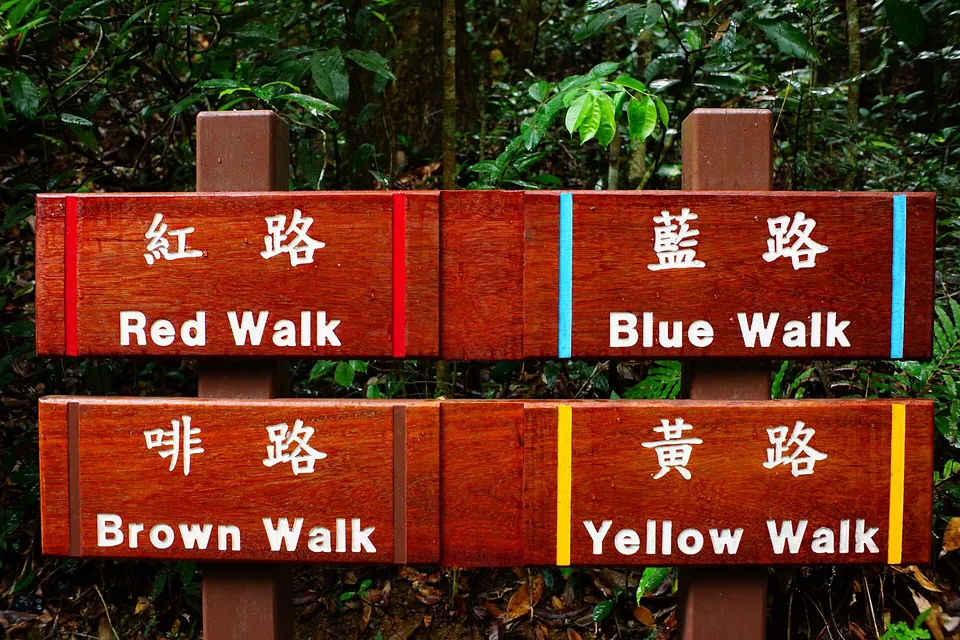 Four red-brown wooden signboards reading Red Walk, Blue Walk, Brown Walk and Yellow Walk in Chinese and English.