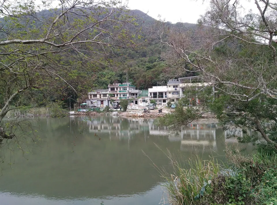 Village houses at Nam Chung Yeung Uk reflected in a pond, with wooded hills behind.