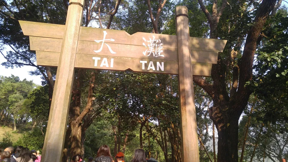 A wooden gateway sign reading 大灘 TAI TAN between two posts, with tall trees behind and the heads of a group of walkers along the lower edge.