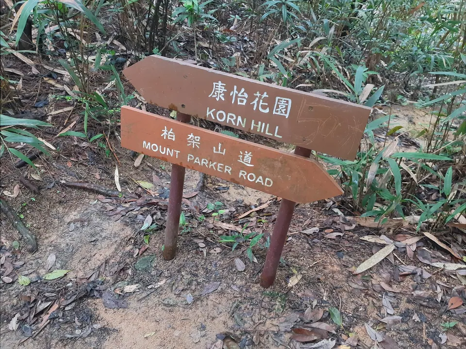 Two brown wooden arrow signs on metal posts reading 康怡花園 KORN HILL and 柏架山道 MOUNT PARKER ROAD, beside an earth path covered in fallen leaves, with bamboo and shrubs behind.
